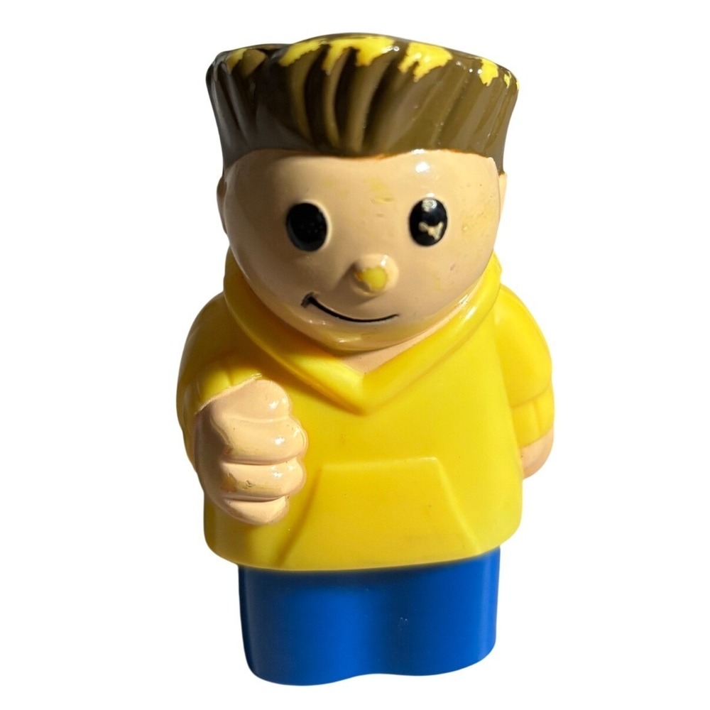 Fisher Price Little People Boy Figure Yellow‎ Hoodie Blue Pants Brown Hair Toy